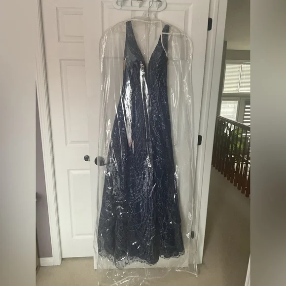 Full Length Navy Glitter Tulle and Satin Gown - Picture 3 of 16